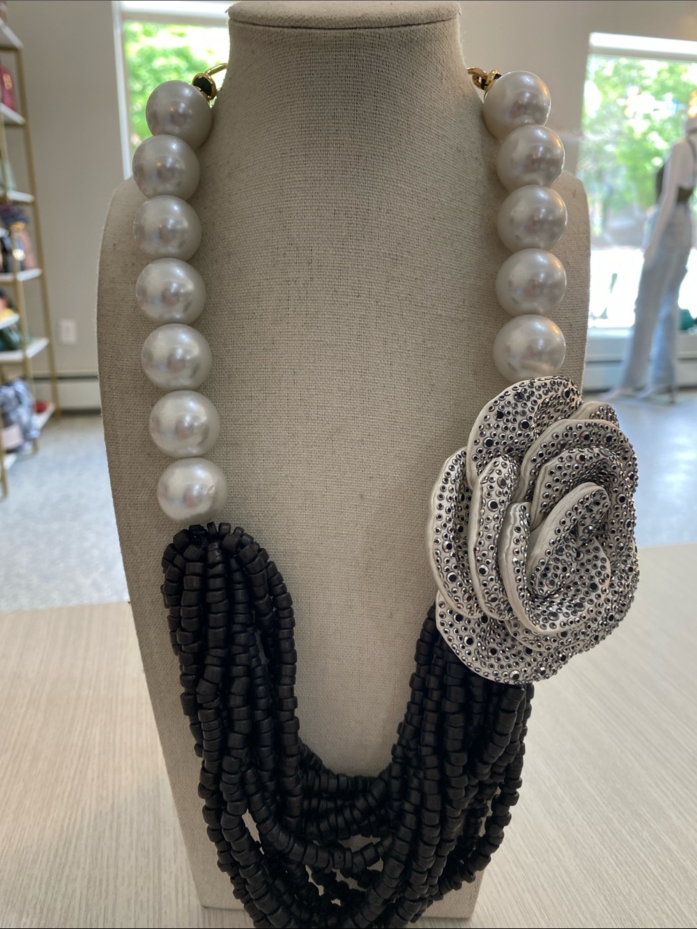 Elegant Black & White Statement Necklace with Pearl Beads
